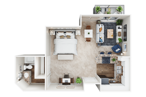 Floor plan for studio, 1 bath, 670 sqft